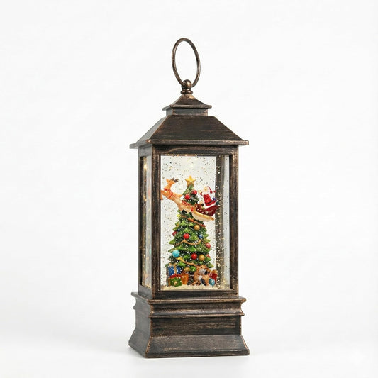 Christmas Snow Globe Lantern, Vintage Bronze LED Light with Santa and Tree Scene, Battery or USB Powered, Holiday Home Decoration