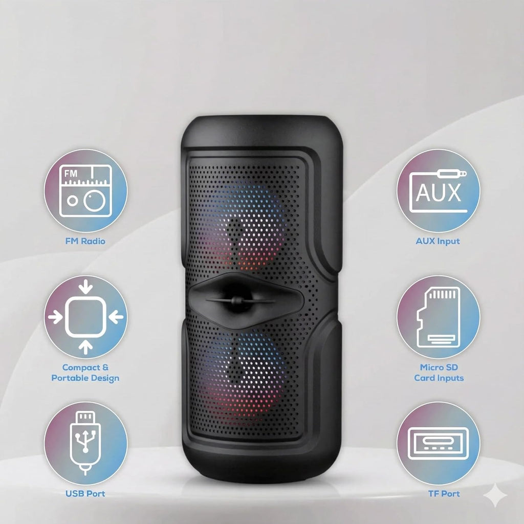 Portable Bluetooth Speaker with Dual 4 Inch Woofers, RGB LED Lights, 1200mAh Rechargeable Battery, USB/TF Card/FM Radio/AUX Input, Compact Design for Parties and Outdoor Events