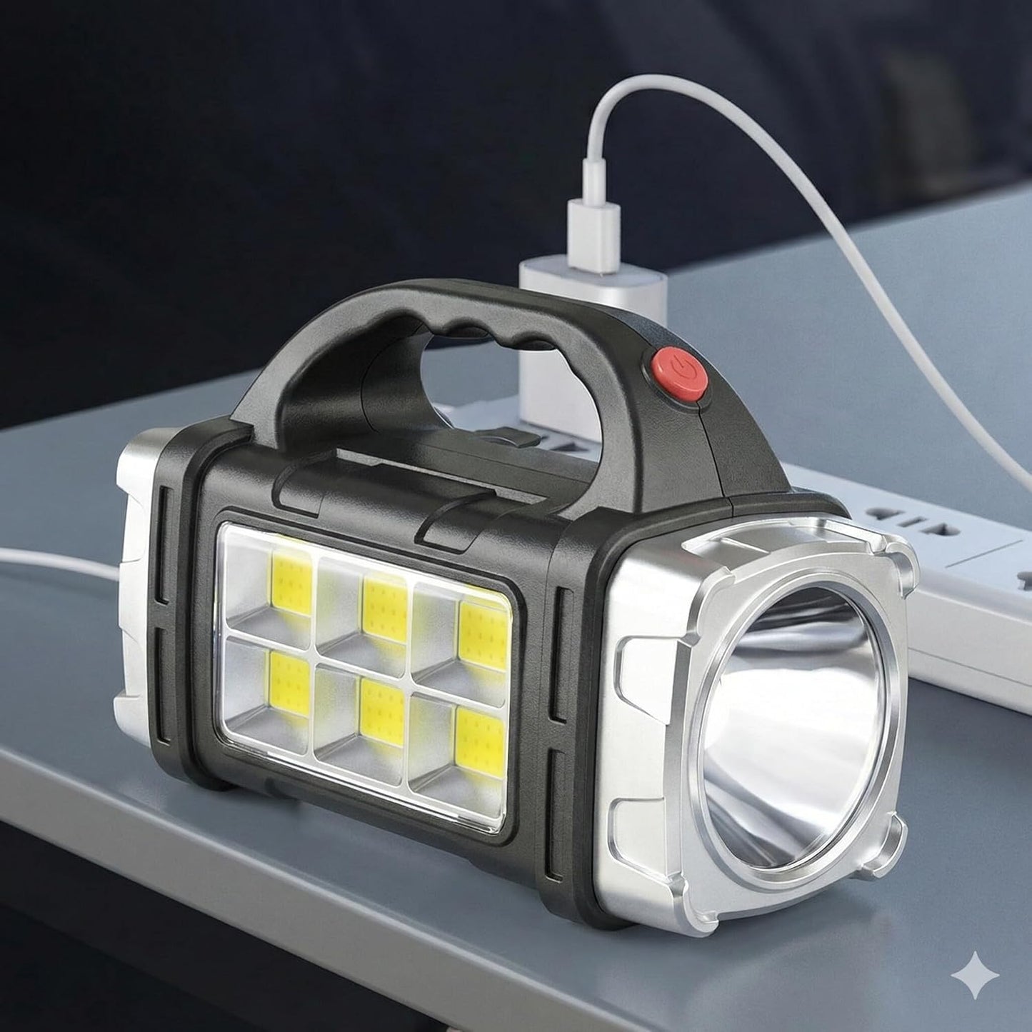 Solar Multifunctional Searchlight, Rechargeable LED Portable Spotlight with Tripple Light Modes, Waterproof Emergency Flashlight with Handle