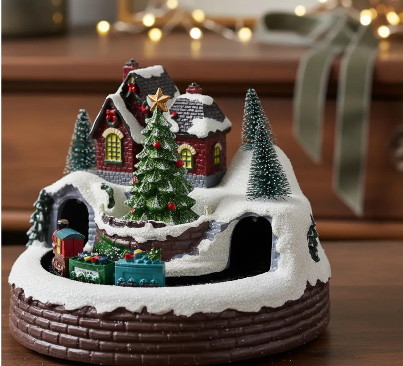 Christmas Village Musical Snow Globe, LED Light Up Winter Scene with House and Trees, Holiday Decor, 19 x 14 cm
