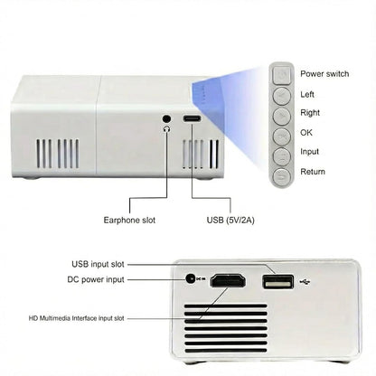 Portable LED Mini Projector, 1080P HD, Giant Screen 24-60 Inches, 3D Sound Effects, Radiation Protection, Built-in Speakers, Compact Design, White