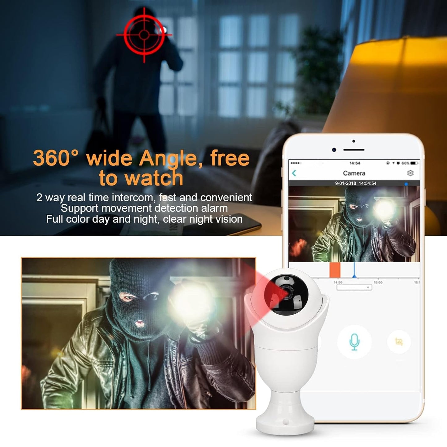 360° Panoramic Security Camera Light Bulb, E27 WiFi Smart Surveillance Camera with Night Vision, Motion Detection, Two-Way Audio, Cloud Storage Support