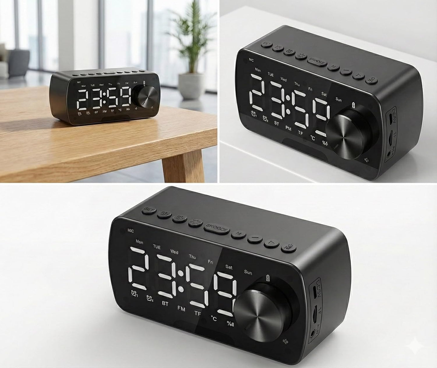 Bluetooth Speaker with Digital Alarm Clock, LED Display, FM Radio, Dual Alarm, Temperature Display, Hands-Free Calling, TF Card Support, AUX Input, Rotary Volume Control, Black