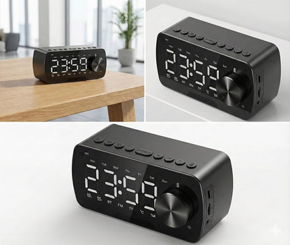 Bluetooth Speaker with Digital Alarm Clock, LED Display, FM Radio, Dual Alarm, Temperature Display, Hands-Free Calling, TF Card Support, AUX Input, Rotary Volume Control, Black