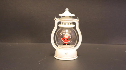 Christmas Decor Co. LED Holiday Lantern, White Metal Musical Snow Globe Style, 12.6cm Height, Battery Powered Santa Design, Portable Table Lamp with Pagoda Top for Indoor Festive Home Decor