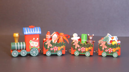 Wooden Christmas Train Decoration Set, Holiday Locomotive with Festive Characters, Red and White, 5-Car Design with Snowflakes and Christmas Tree Ornaments