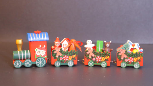 Wooden Christmas Train Decoration Set, Holiday Locomotive with Festive Characters, Red and White, 5-Car Design with Snowflakes and Christmas Tree Ornaments