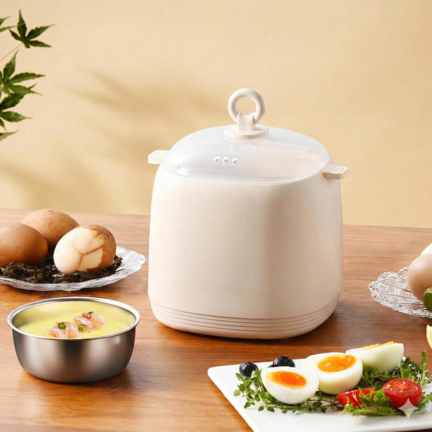Smart Egg Cooker with Water-Insulated Technology, Compact Electric Egg Steamer, Beige, 1 Litre Capacity, Automatic Shutoff