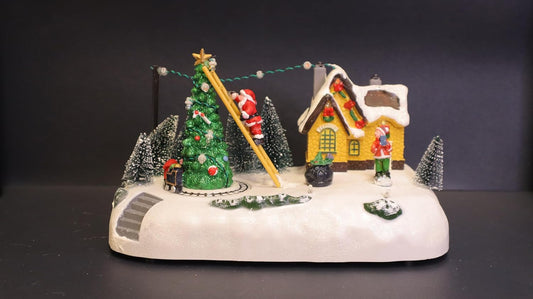 Christmas Village LED Musical Scene with Santa, Illuminated Holiday Decoration with Christmas Tree, Snow Base, 24 x 15 cm
