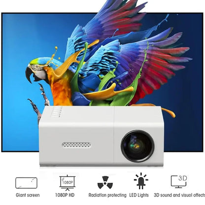 Portable LED Mini Projector, 1080P HD, Giant Screen 24-60 Inches, 3D Sound Effects, Radiation Protection, Built-in Speakers, Compact Design, White