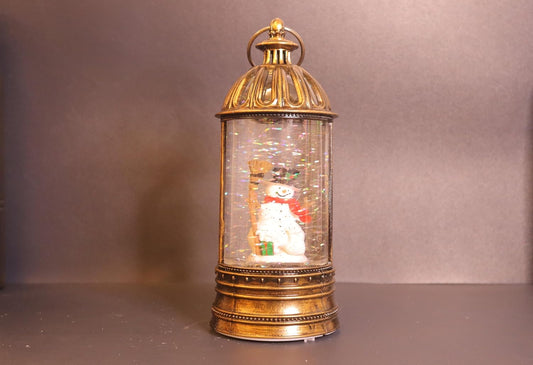 Christmas Snow Globe Lantern with Timer, Antique Bronze Finish, LED Light, Snowman Figure, 27 cm Height, Swirling Glitter, Holiday Decoration