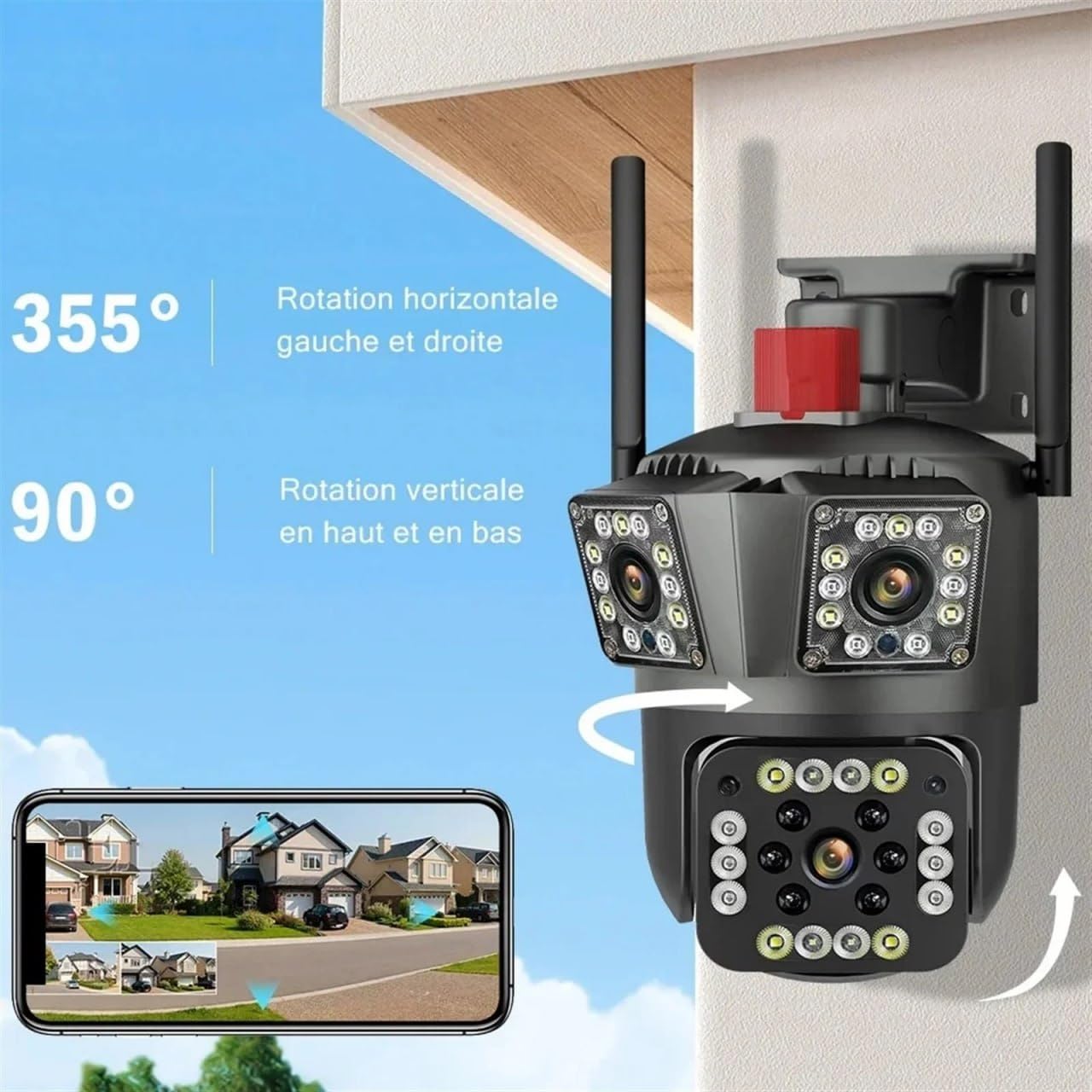 Three Lens Outdoor WiFi Security Camera, HD 12MP PTZ with 360° Coverage, Motion Detection, Night Vision, Two-Way Audio, Cloud Storage, Multi-User Access, IP66 Waterproof
