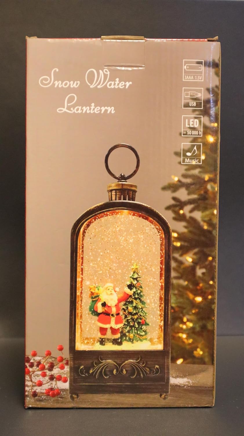 Vintage Christmas Musical Snow Globe Lantern, Bronze Antique Style with LED Lights and Santa Scene, 24 x 6 cm Decorative Holiday Display