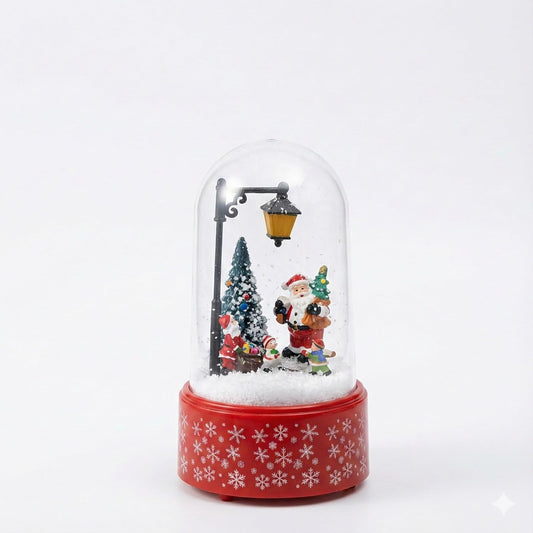 Christmas Musical Snow Globe with LED Light, Santa Claus Scene, Illuminated Lamp Post, Snowflake Base, Battery Operated, Holiday Decoration