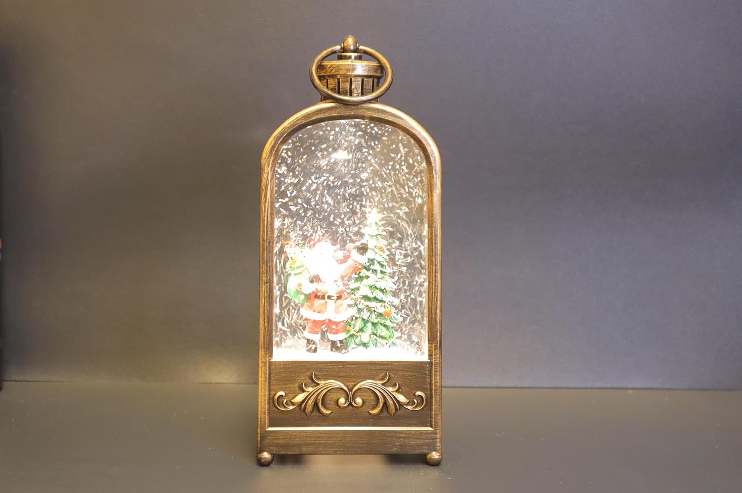 Vintage Christmas Musical Snow Globe Lantern, Bronze Antique Style with LED Lights and Santa Scene, 24 x 6 cm Decorative Holiday Display