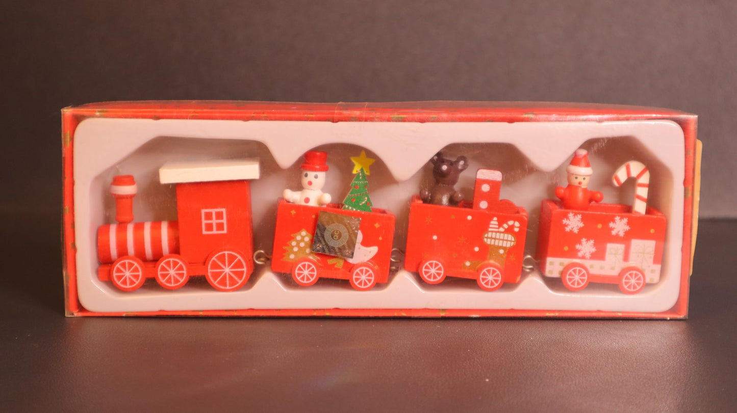 Wooden Christmas Train Decoration Set, Holiday Locomotive with Festive Characters, Red and White, 5-Car Design with Snowflakes and Christmas Tree Ornaments