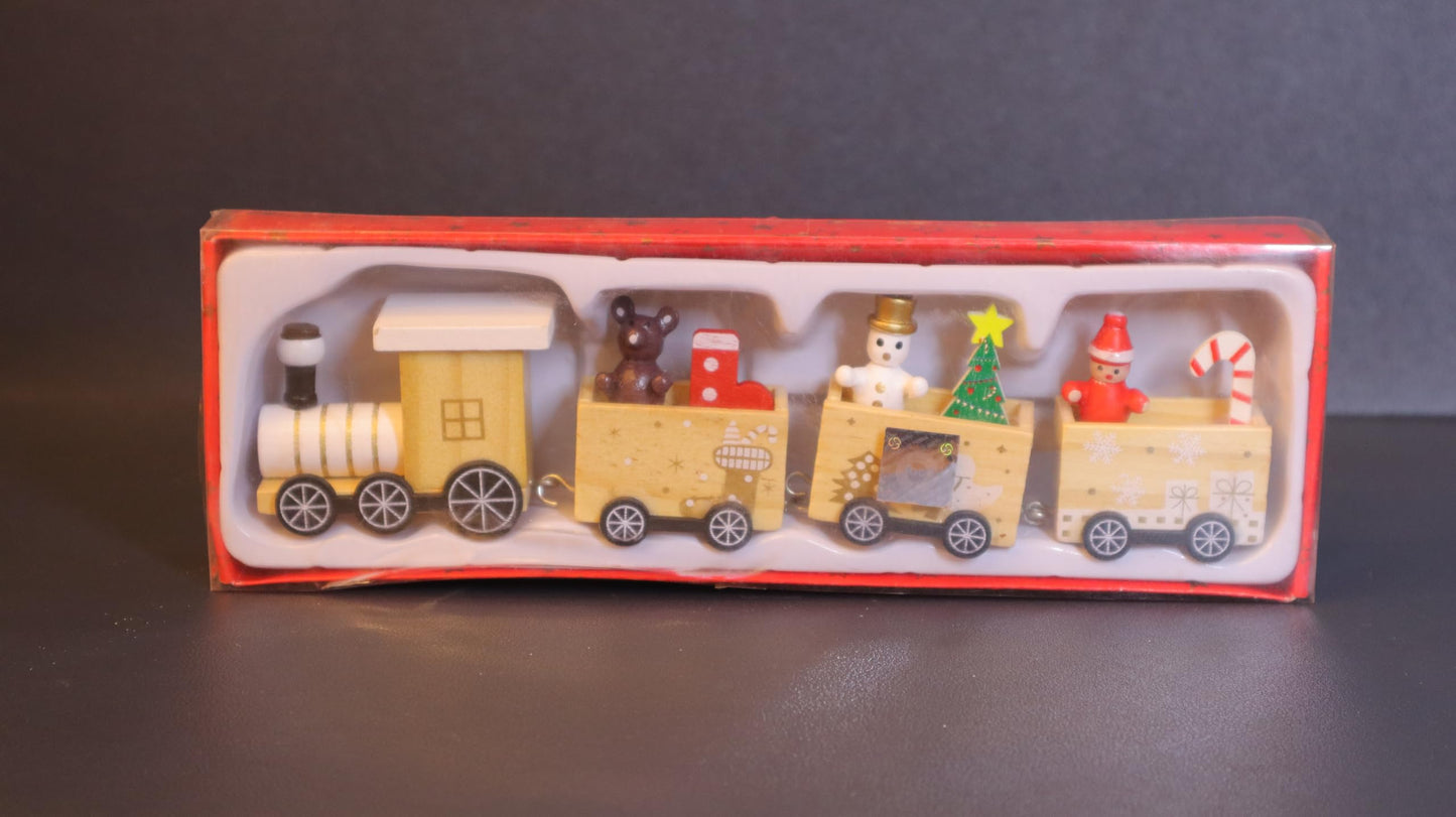 Wooden Christmas Train Decoration Set, Holiday Locomotive with Festive Characters, Red and White, 5-Car Design with Snowflakes and Christmas Tree Ornaments