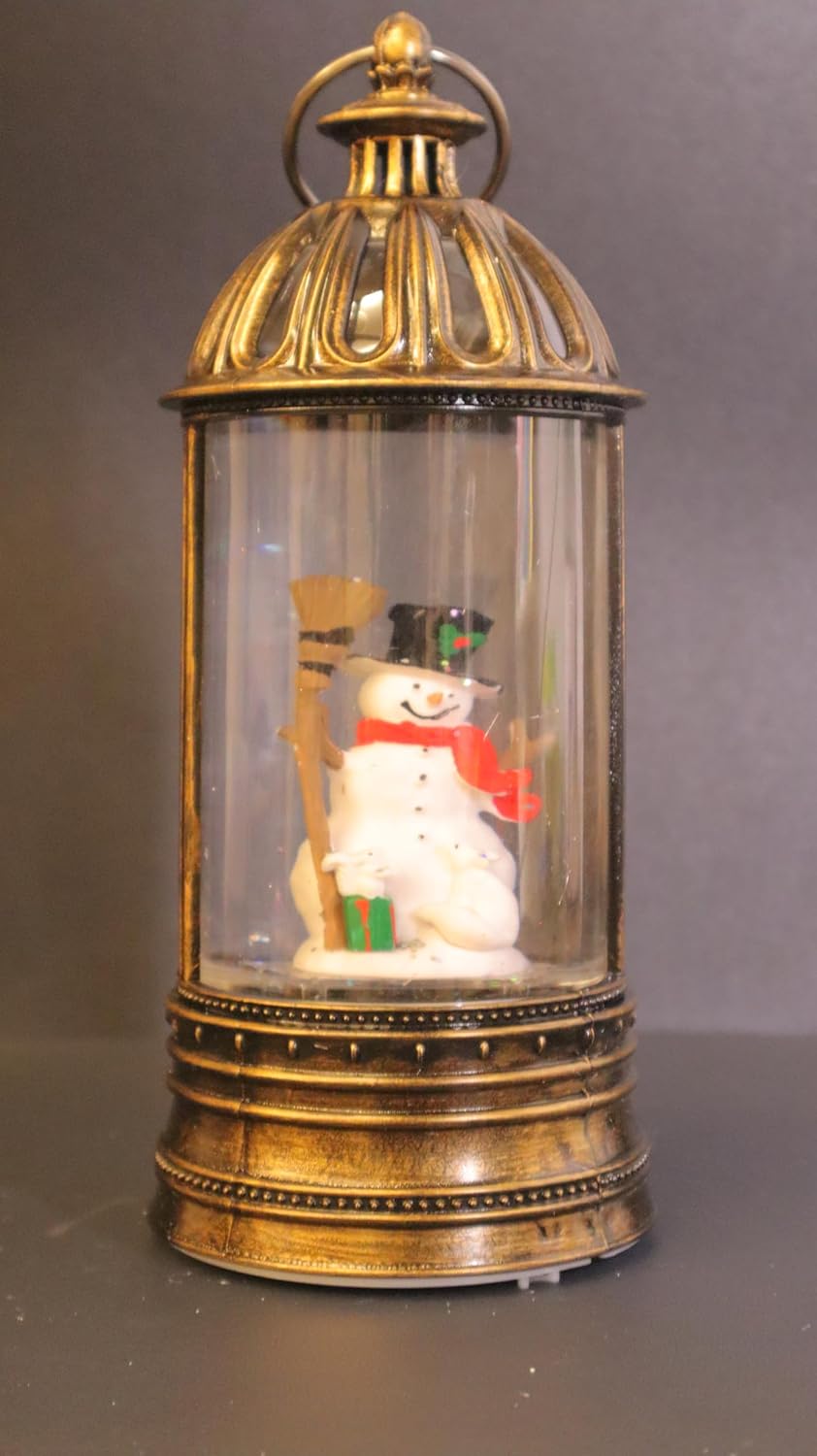 Christmas Snow Globe Lantern with Timer, Antique Bronze Finish, LED Light, Snowman Figure, 27 cm Height, Swirling Glitter, Holiday Decoration