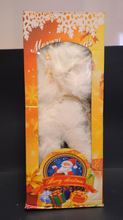 Decorative White Plush Santa Claus Christmas Figure, Standing Display Doll with Staff, 38 cm x 11.5 cm, Holiday Home Decor