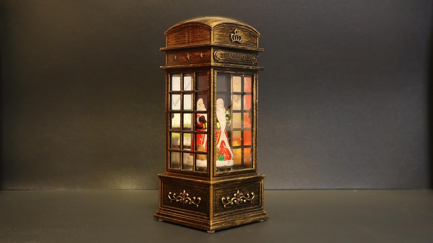 Vintage Christmas Musical Telephone Booth Snow Globe with Santa Figure, LED Lights, Bronze Metallic Finish, 19x6 cm Decorative Holiday Display