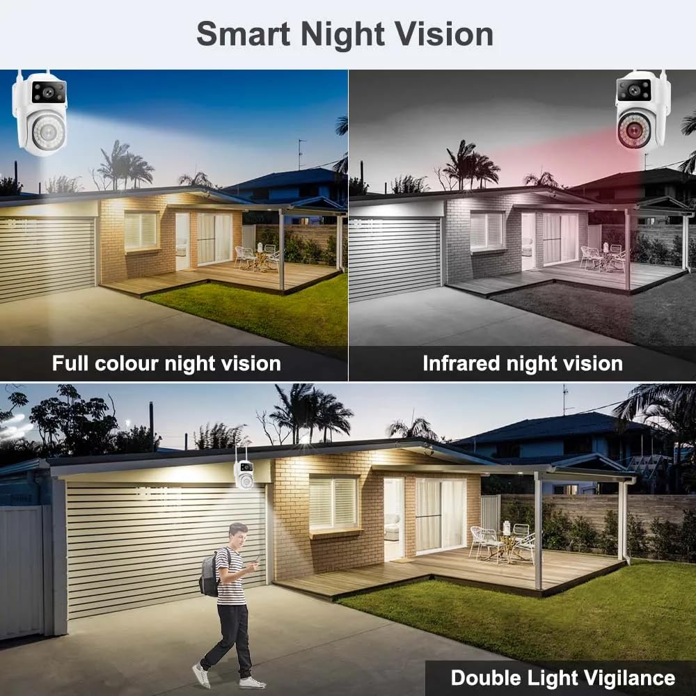 8MP HD WiFi Security Camera, Dual Camera System with 355° Pan 90° Tilt, IP65 Waterproof, Motion Detection, Two-Way Voice, Cloud Storage, Night Vision
