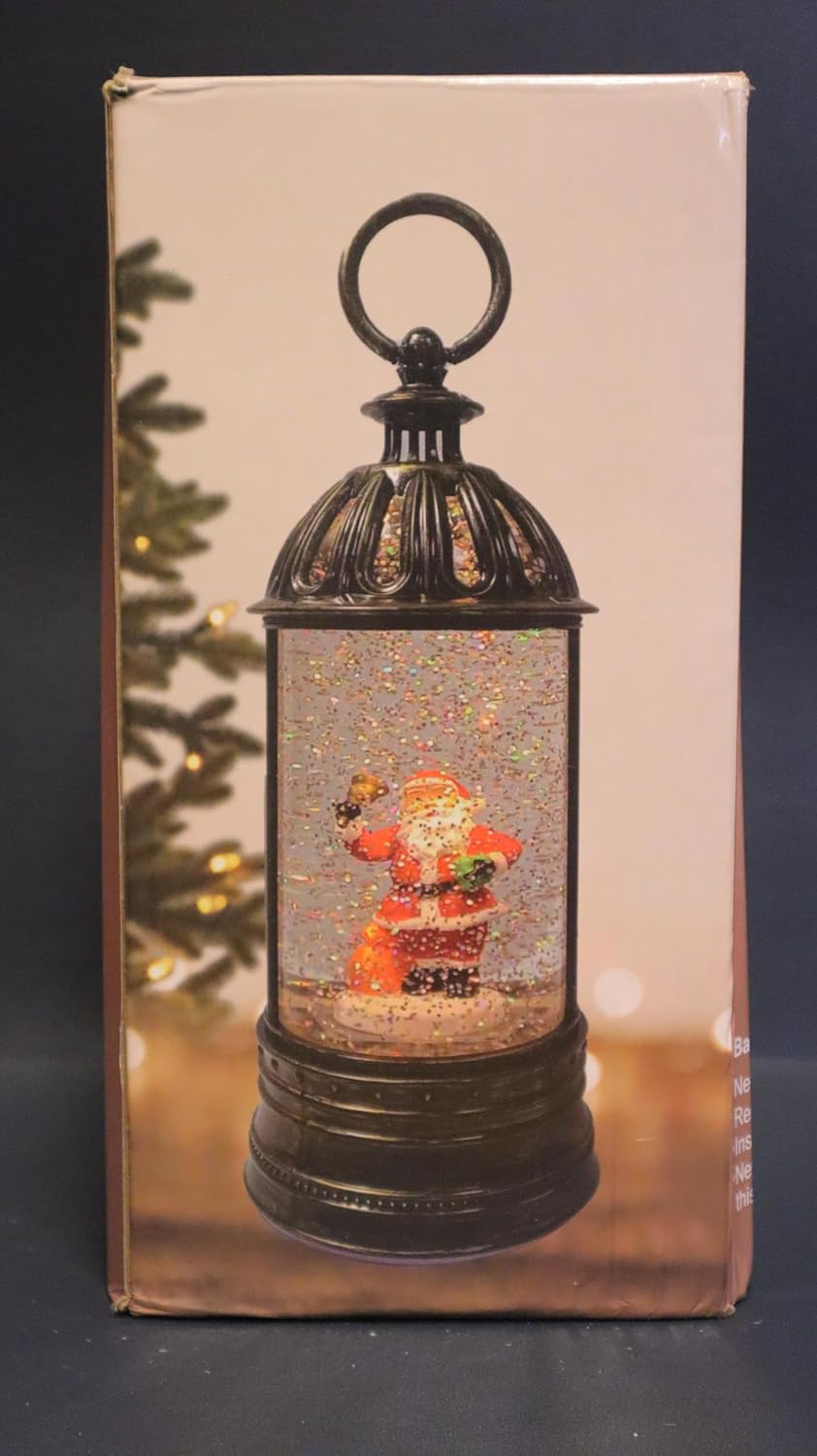 Christmas Snow Globe Lantern with Timer, Antique Bronze Finish, LED Light, Snowman Figure, 27 cm Height, Swirling Glitter, Holiday Decoration