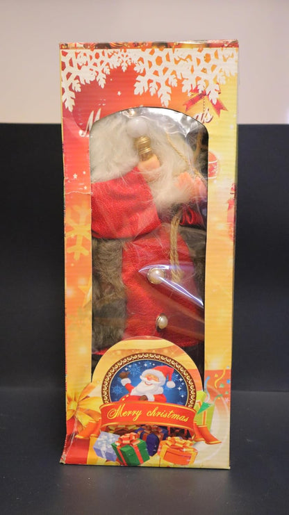 Christmas Animated Santa Claus Ornament, Red and Brown Plush, 38 x 11.5 cm, Battery Operated, Festive Holiday Decor with Faux Fur Trim