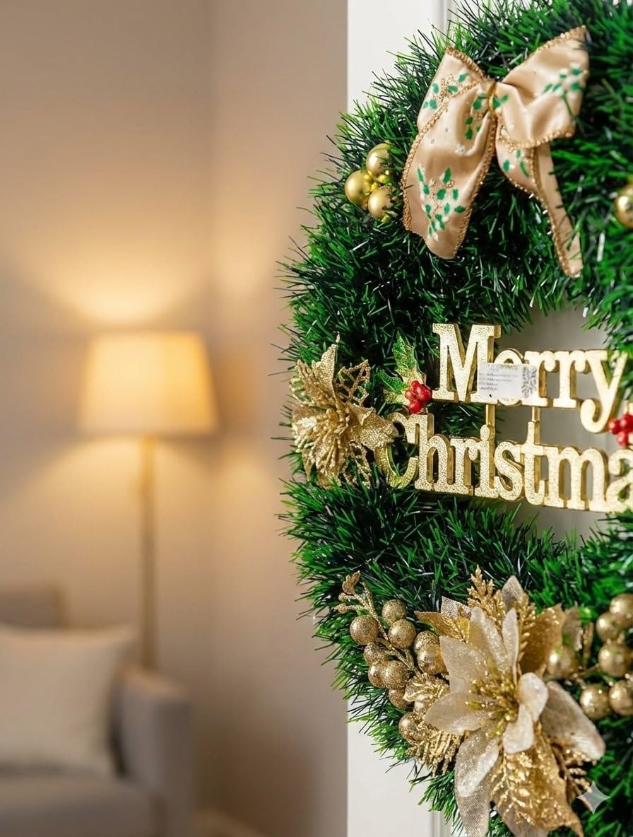 Festive Holiday Merry Christmas Wreath, Green Artificial Pine Garland, 14cm Diameter, PVC & PE Material, Gold Poinsettia Flowers and Ornaments, Door Wall Decor