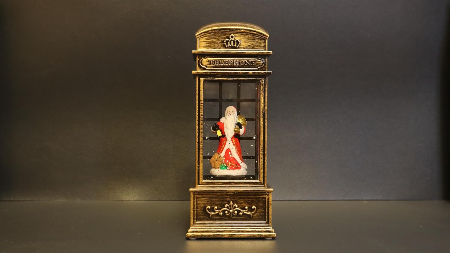 Vintage Christmas Musical Telephone Booth Snow Globe with Santa Figure, LED Lights, Bronze Metallic Finish, 19x6 cm Decorative Holiday Display