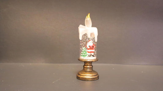 LED Christmas Snow Globe Candle, Flameless Battery Operated, Decorative Holiday Display with Gold Base, 15.5cm Height x 5.5cm Diameter