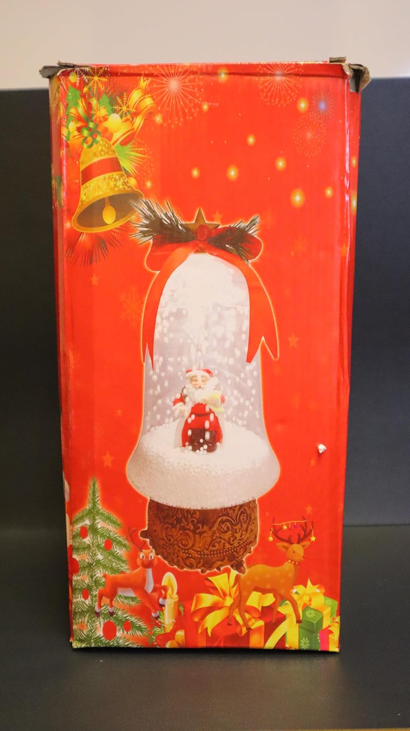 Christmas Musical Snow Globe with Santa and Snowman Scene, Glass Bell Dome with Silver Base, 30 x 14 cm, Holiday Decoration with Pine Sprig and Red Bow