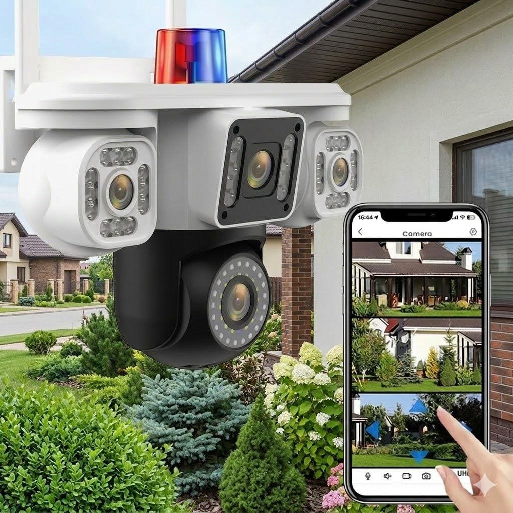 HD WiFi Security Camera with Siren Light, PTZ Pan Tilt Zoom, 4 Camera System, F2.0 Aperture, Night Vision, Motion Detection, Cloud Storage, MicroSD Card Support up to 128GB, iOS Android Compatible