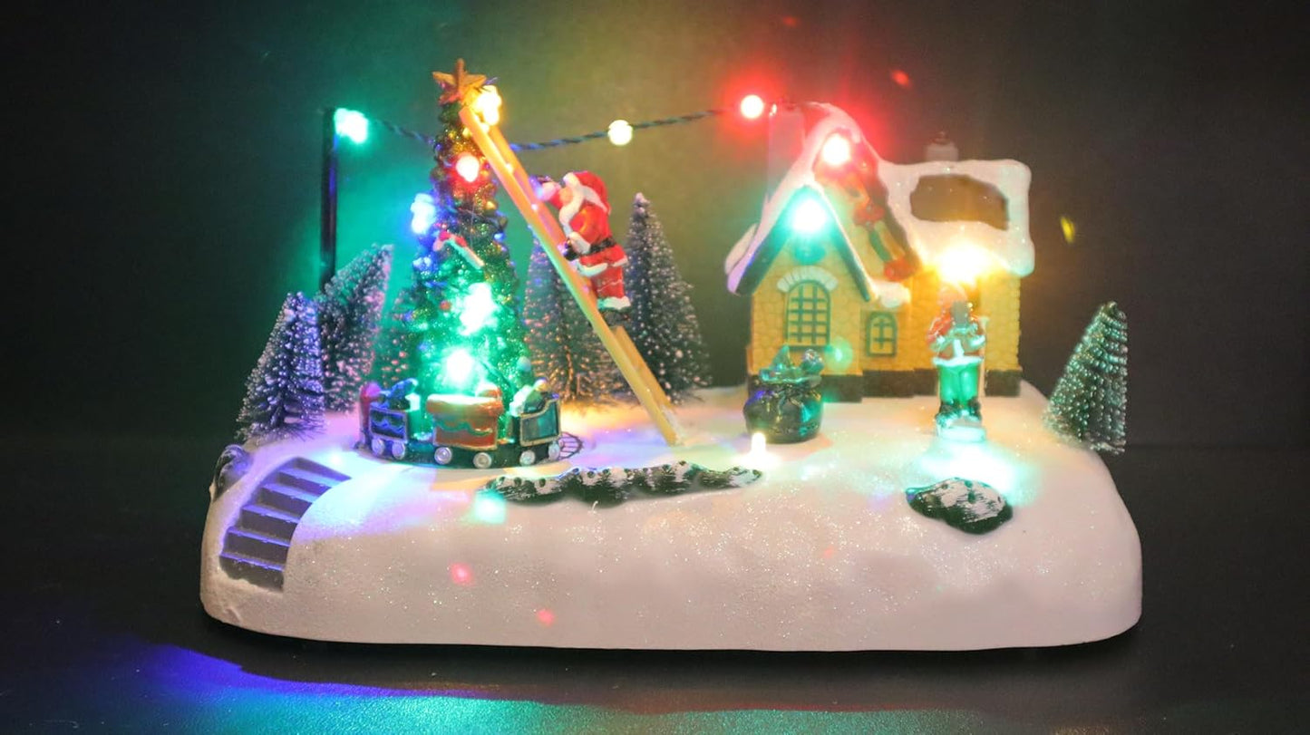 Christmas Village LED Musical Scene with Santa, Illuminated Holiday Decoration with Christmas Tree, Snow Base, 24 x 15 cm