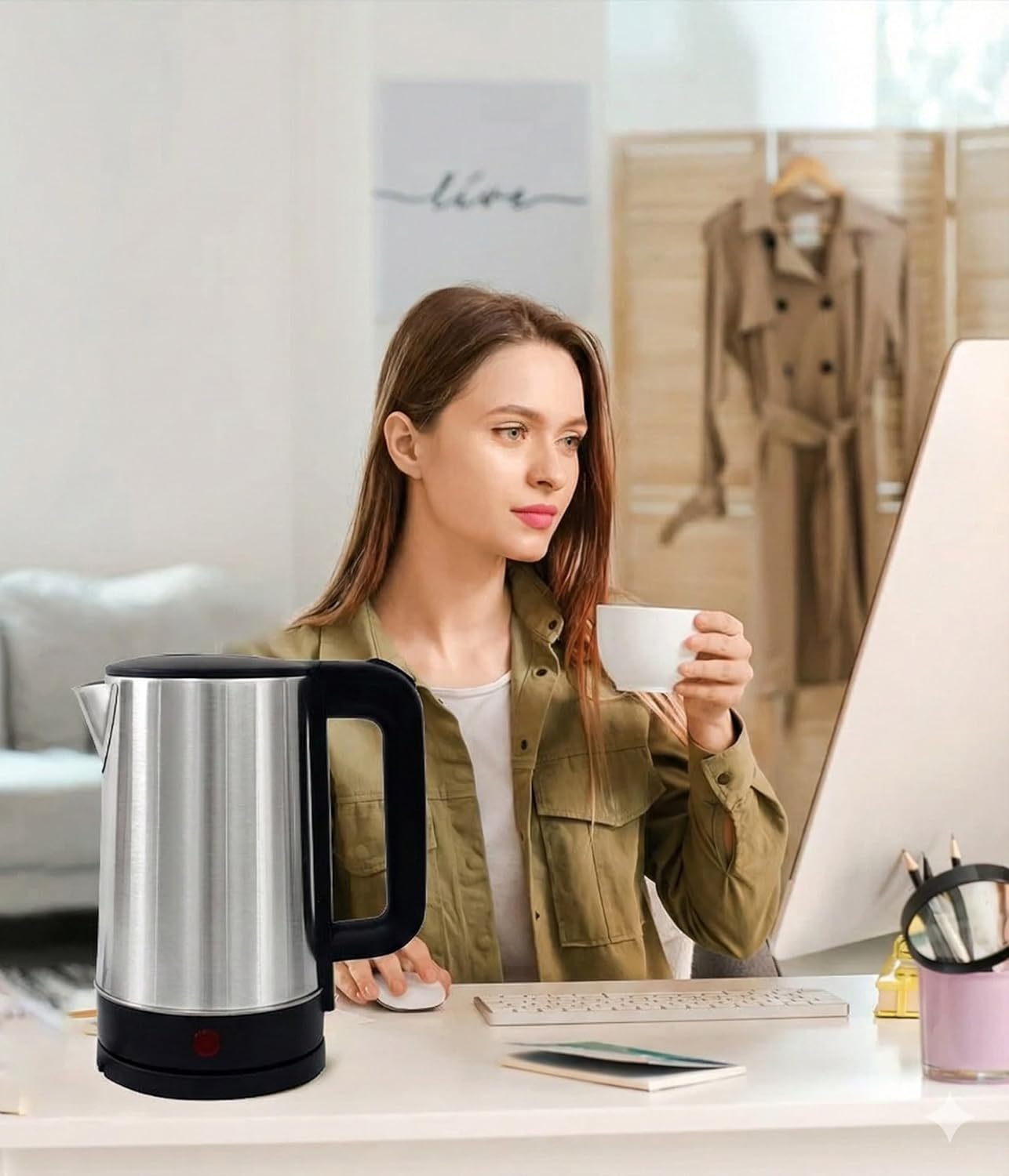 Stainless Steel Electric Kettle with Black Handle, High Capacity Fast Boiling Water Heater for Tea, Coffee, Kitchen and Office Use