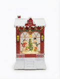 Christmas Crystal Ball Music Box, LED Light-Up Snow Globe House with Snowman Family, Battery-Powered Holiday Decoration, Red Brick Design with White Snow Roof