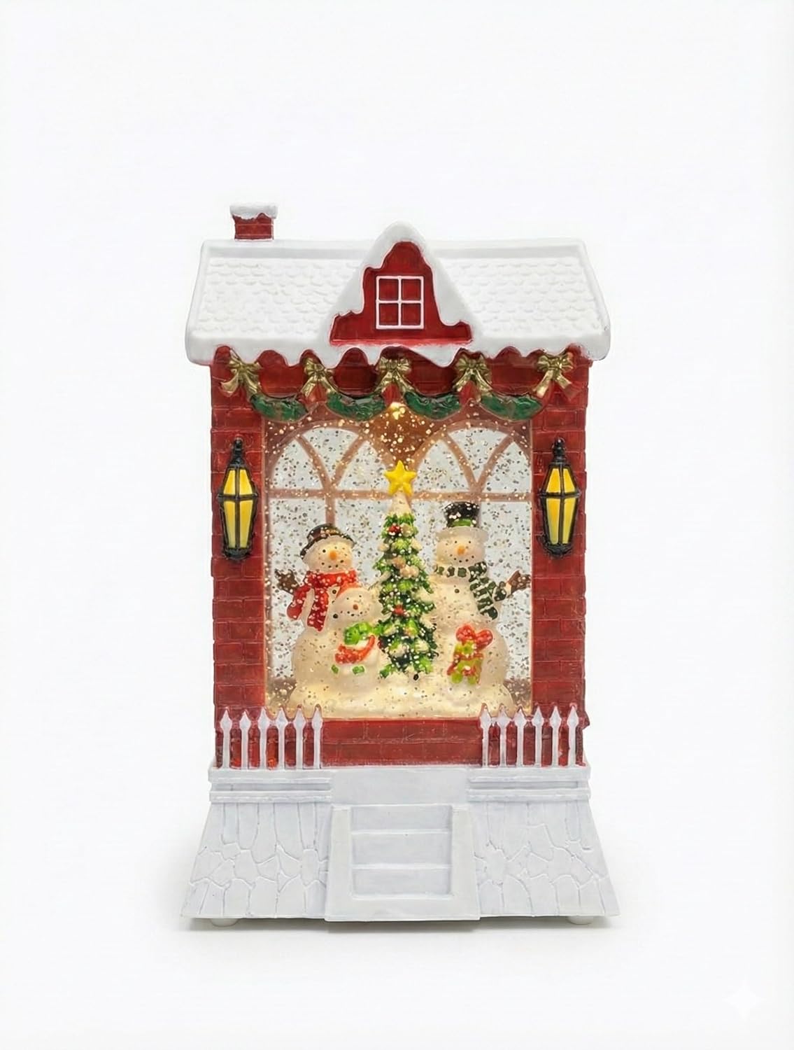 Christmas Crystal Ball Music Box, LED Light-Up Snow Globe House with Snowman Family, Battery-Powered Holiday Decoration, Red Brick Design with White Snow Roof