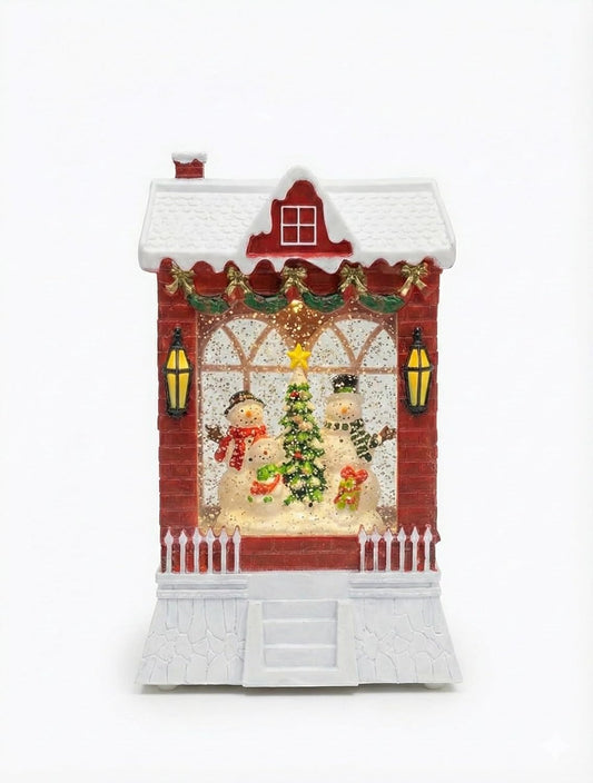Christmas Crystal Ball Music Box, LED Light-Up Snow Globe House with Snowman Family, Battery-Powered Holiday Decoration, Red Brick Design with White Snow Roof