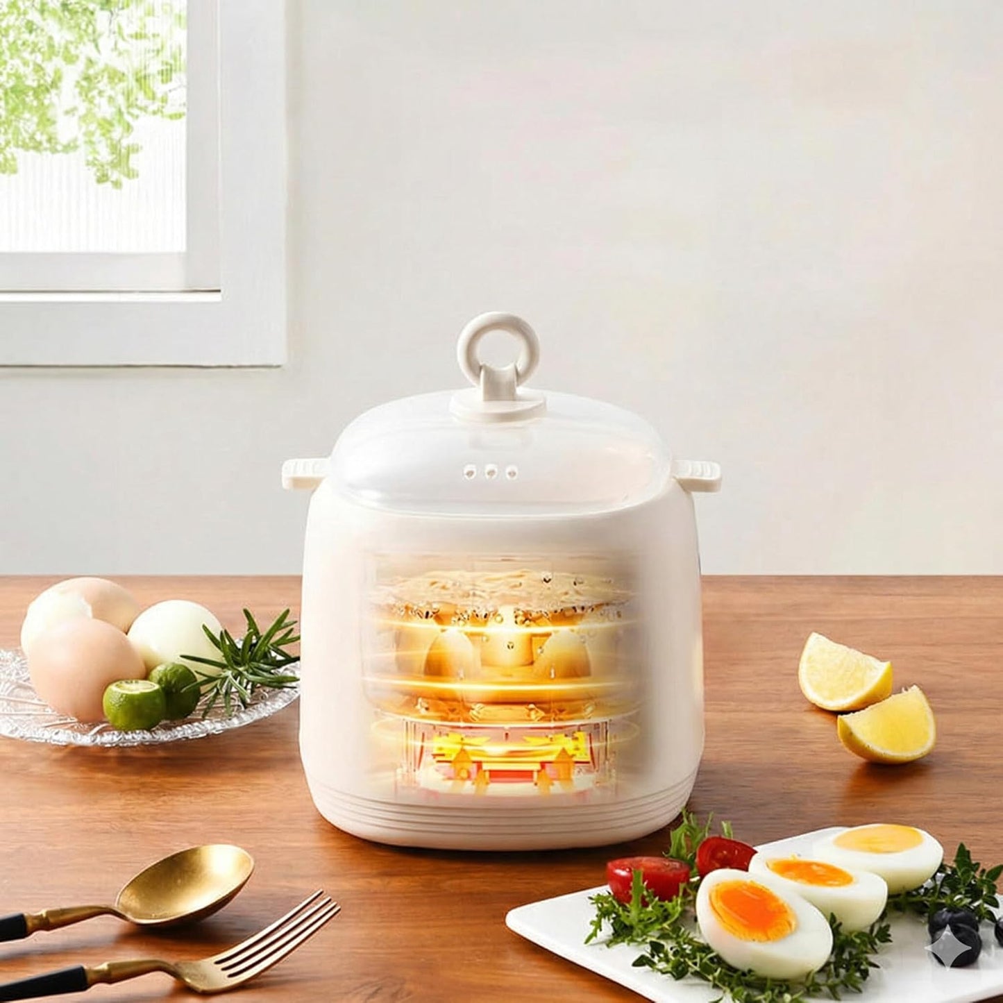 Smart Egg Cooker with Water-Insulated Technology, Compact Electric Egg Steamer, Beige, 1 Litre Capacity, Automatic Shutoff