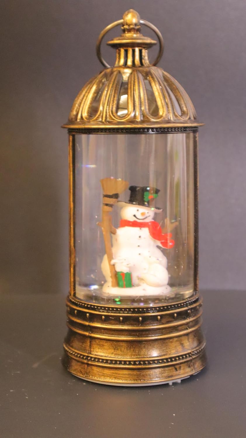 Christmas Snow Globe Lantern with Timer, Antique Bronze Finish, LED Light, Snowman Figure, 27 cm Height, Swirling Glitter, Holiday Decoration