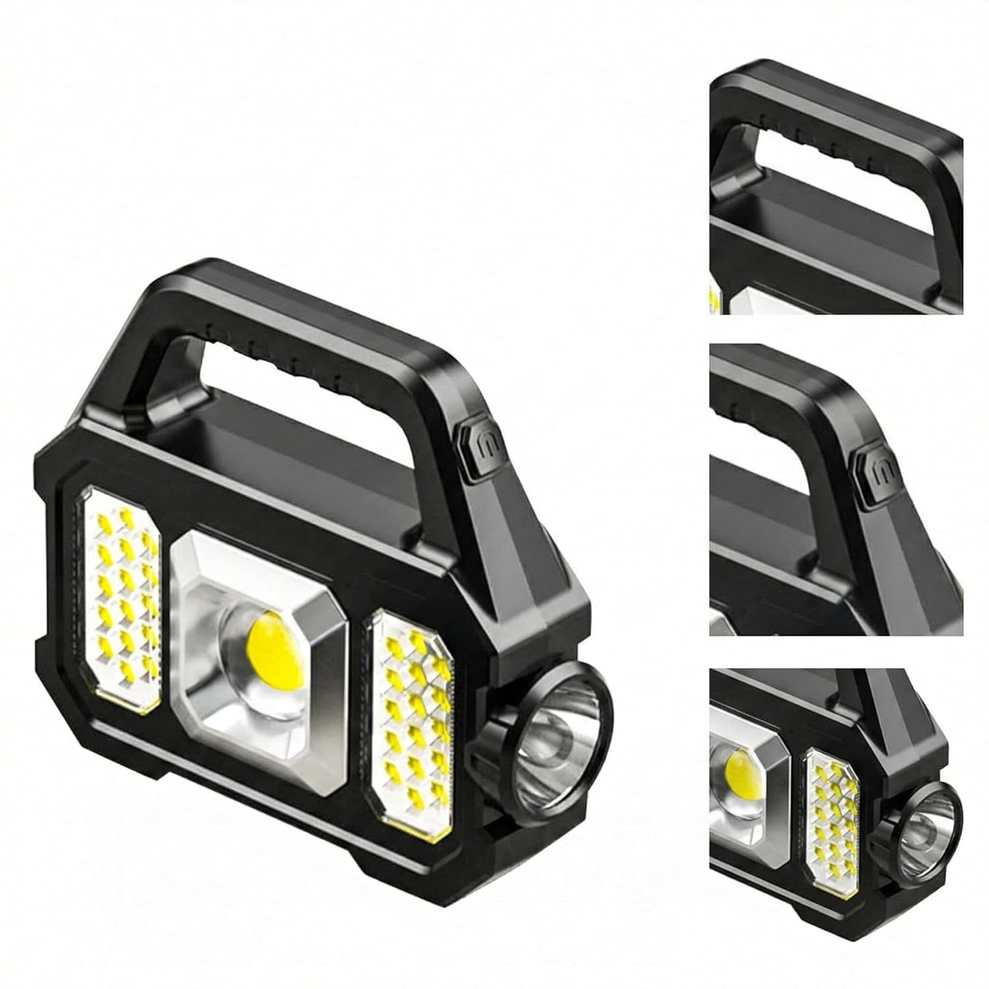 Multifunctional Portable LED Work Light with Solar Panel, Rechargeable Floodlight, Side Lights, Flashlight, USB Charging Ports, Black