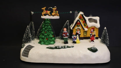 Christmas Village LED Musical Scene, 15 x 14 cm Illuminated Winter Display with Rotating Reindeer, Snow-Covered House, Christmas Trees, Holiday Figurines