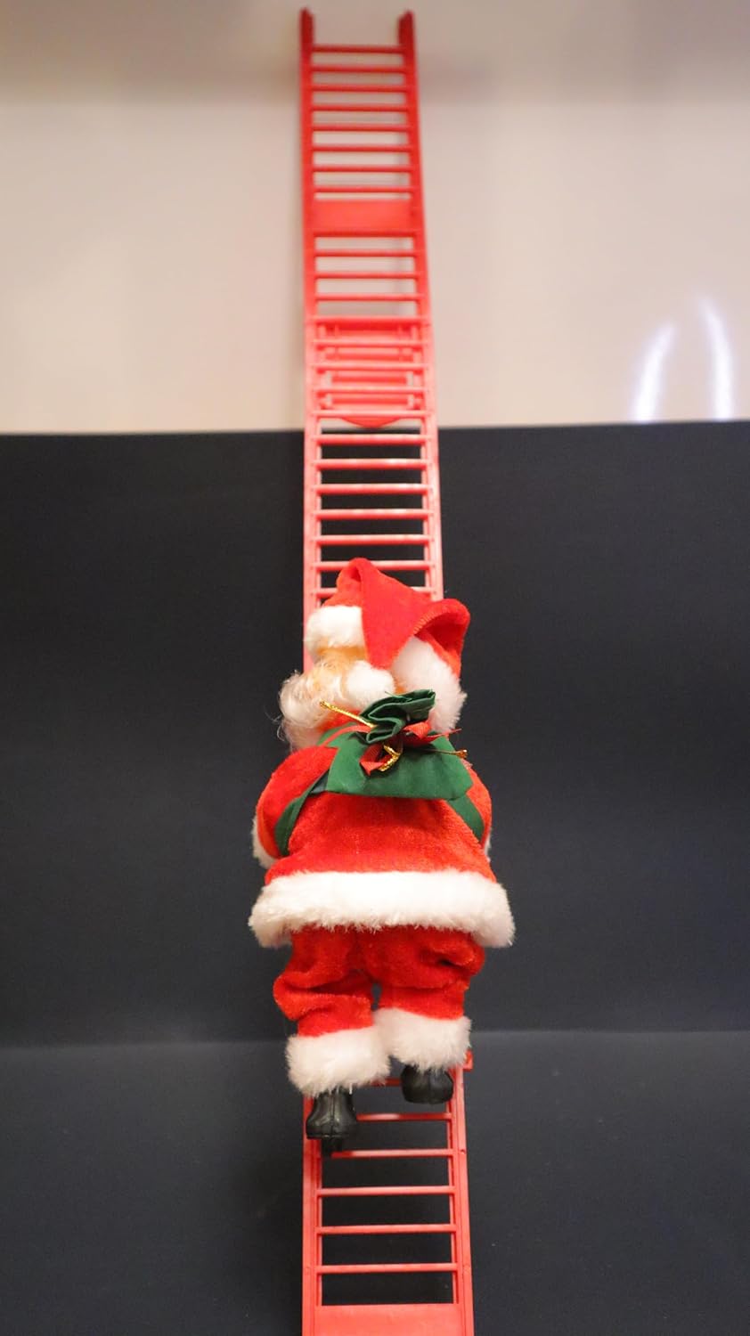 Electric Climbing Santa Claus on Ladder, Musical Christmas Decoration with Up and Down Movement, Battery Operated Holiday Figure with Gift Bag, 40cm Height