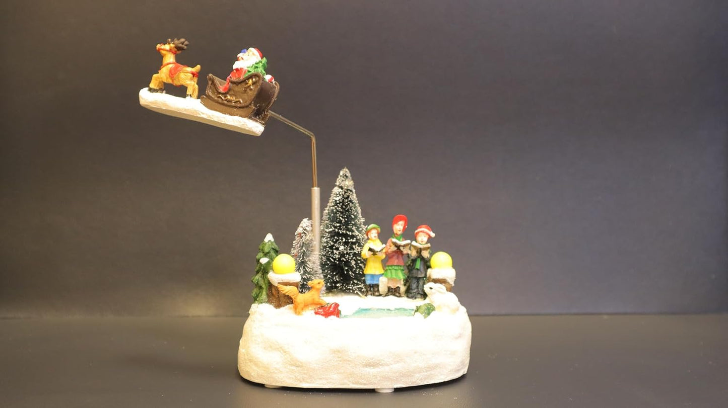 Animated Christmas Village Scene with Flying Santa Sleigh, Musical LED Winter Wonderland Decoration, Snow Base with Figurines, 13 x 11 x 20 cm