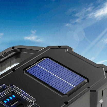 Multifunctional Portable LED Work Light with Solar Panel, Rechargeable Floodlight, Side Lights, Flashlight, USB Charging Ports, Black