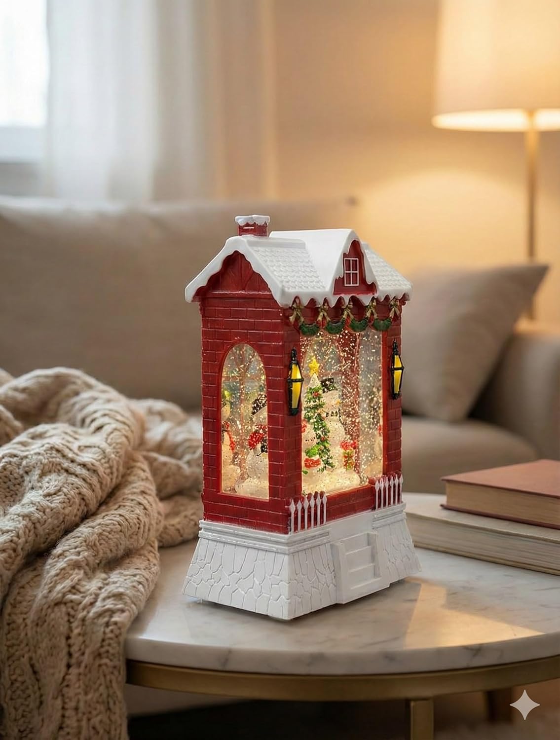 Christmas Crystal Ball Music Box, LED Light-Up Snow Globe House with Snowman Family, Battery-Powered Holiday Decoration, Red Brick Design with White Snow Roof
