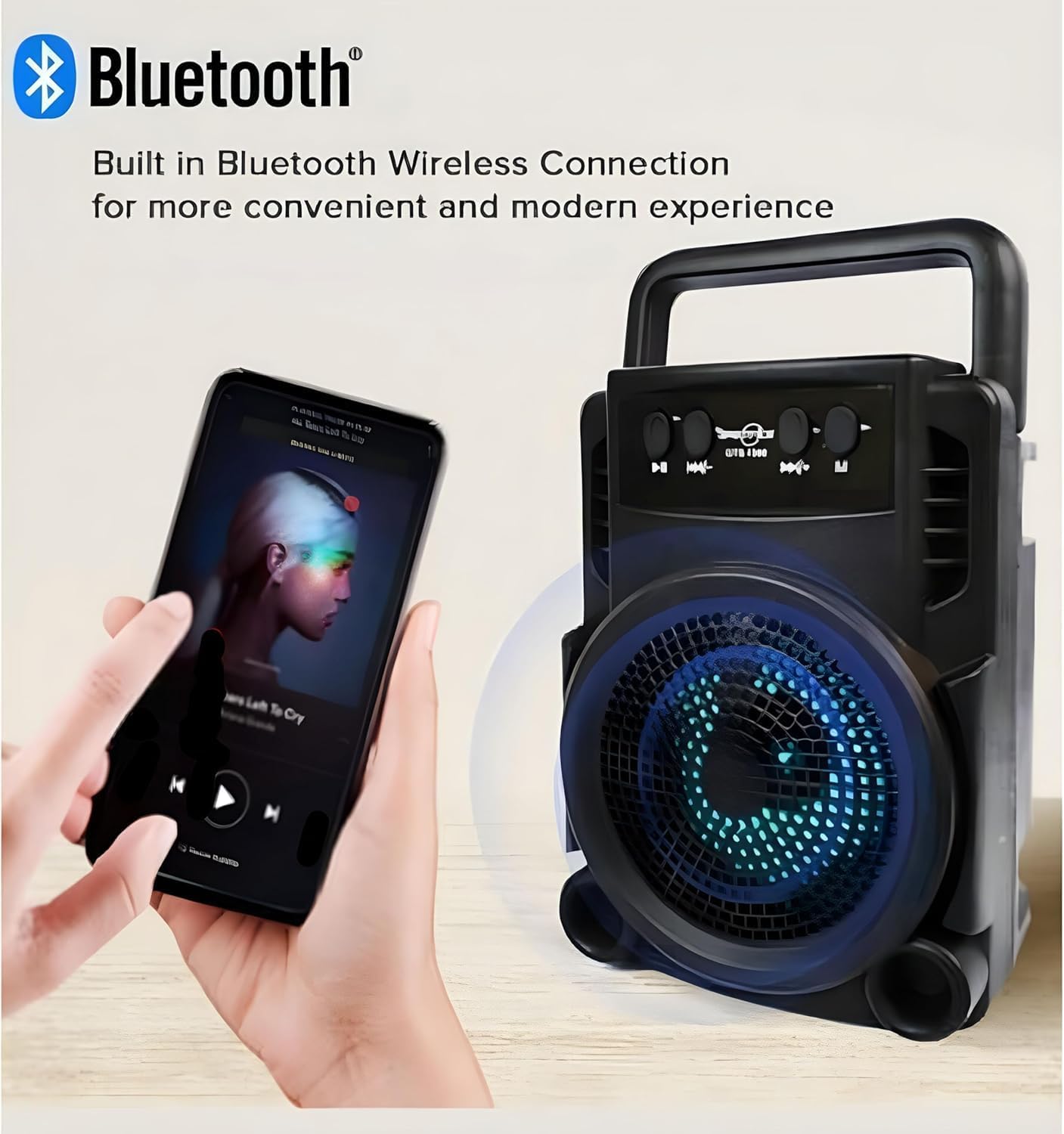 Portable Bluetooth Speaker with LED Lights, Wireless Speaker with USB, TF Card, AUX Input, FM Radio, Rechargeable Battery, Carry Handle and Phone Holder, 3W Sound Output