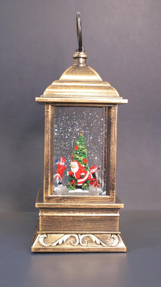 Vintage Christmas Snow Globe Lantern, Bronze Metal Frame with Santa and Tree Scene, Water Globe Decorative Light, 27 x 13.5 cm