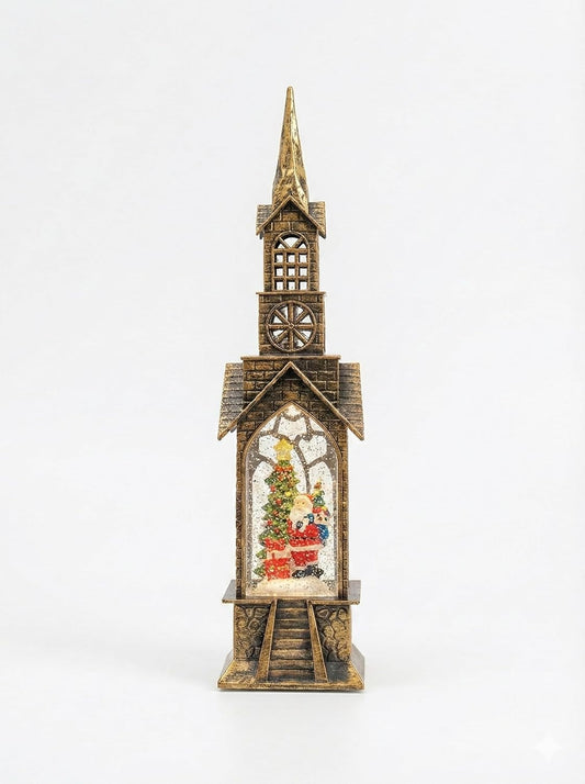 Vintage Christmas Snow Globe Church Tower, Antique Gold, Santa Claus and Christmas Tree Water Globe, Holiday Home Decoration, Winter Tabletop Decor