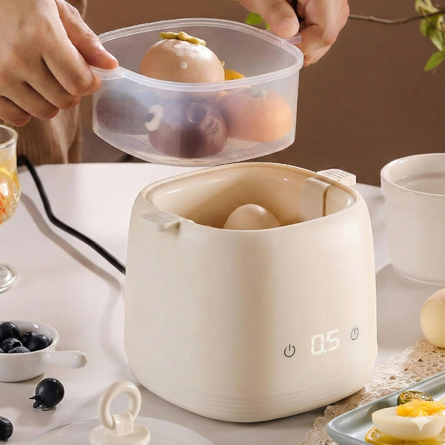 Electric Egg Cooker with Steamer, Dual Layer Multi-Function Egg Boiler and Food Steamer, Beige