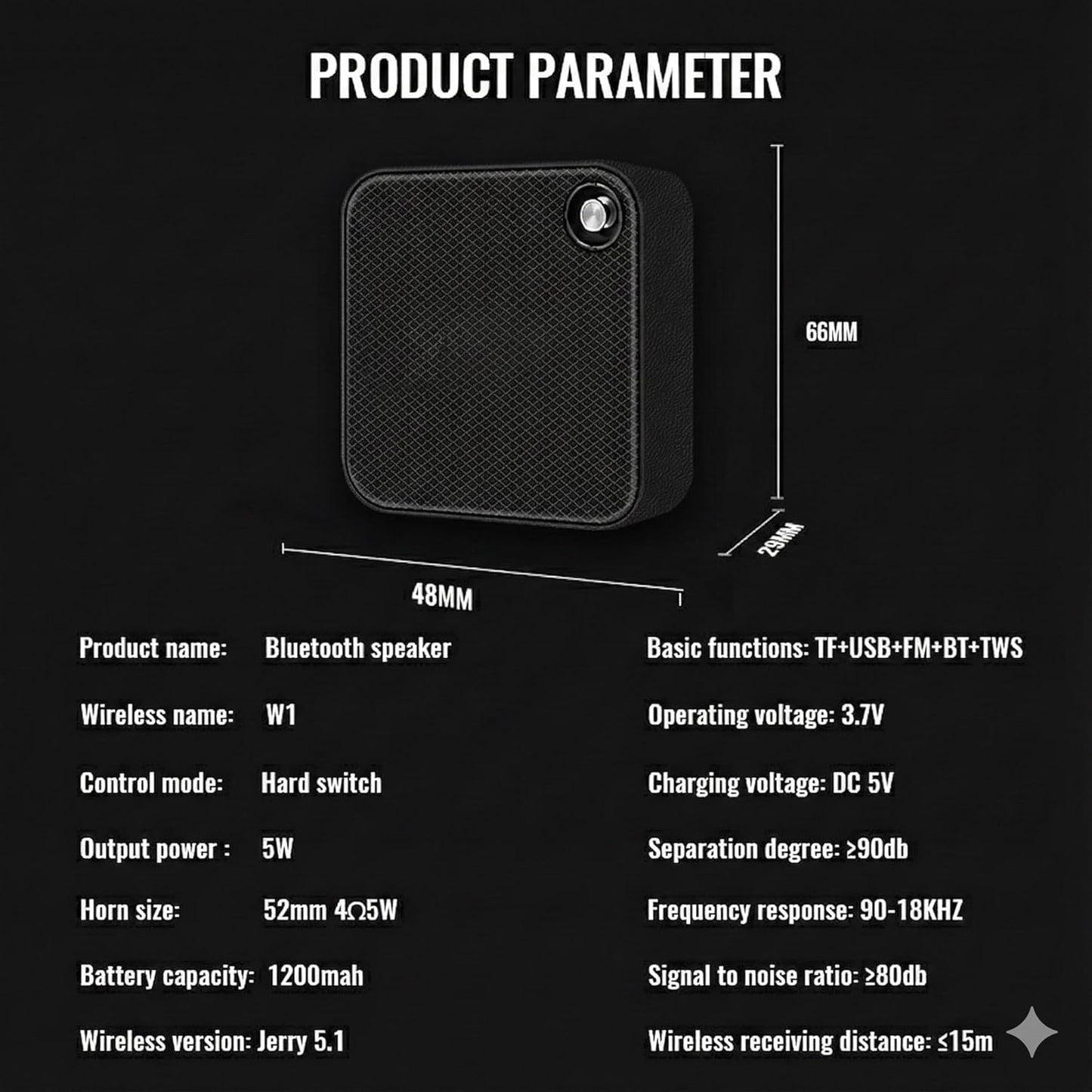 Bluetooth Speaker with Bluetooth 5.1, IP67 Water Resistant, 5W Output Power, 1200mAh Battery, Portable Wireless Speaker with Microphone, Black